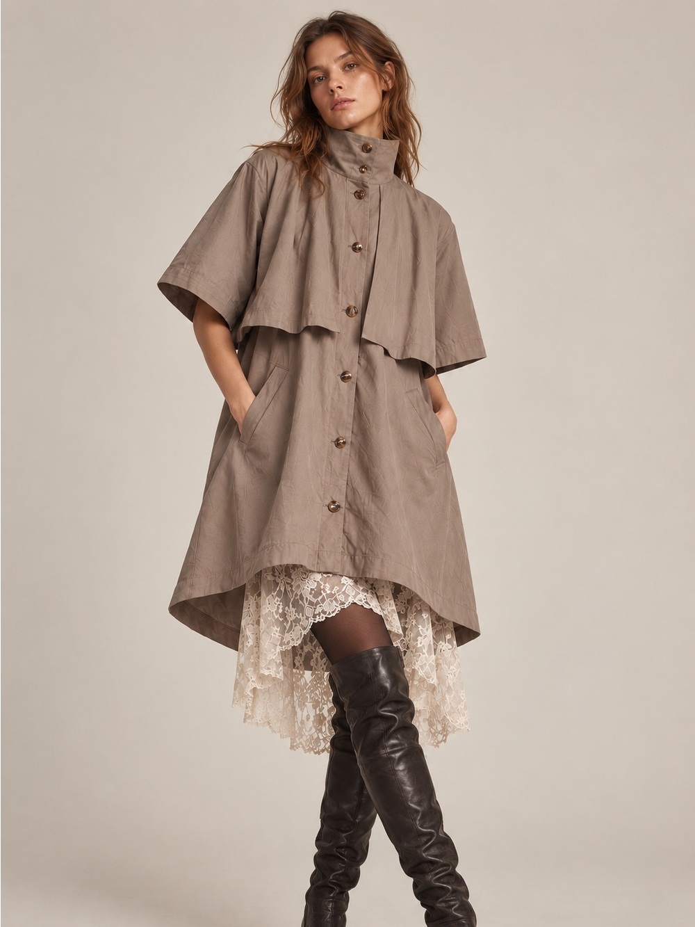 Opening Ceremony | Taupe Cape Trench Coat Swing Dress